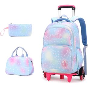 EKUIZAI 3PCS Colorful Heart Print Trolley Backpack Sets Elementary School Students Rolling Bookbag Cute Girls Backpack with Wheels in Kuwait