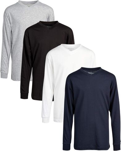 تي شيرت Galaxy من Harvic بأكمام طويلة للأولاد - 4 قطع من القمصان الأساسية الصلبة بدون علامة على شكل حرف V (S-XL) in Kuwait