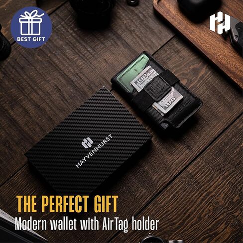Hayvenhurst Slim Minimalist Pop Up Leather Wallet with Cash Strap - RFID Blocking Airtag Wallet For Men Credit Card Holder Capsule Wallets for Men (Black) in Kuwait