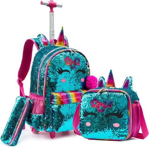 School Kids Rolling Backpack for Girls With Wheels Trolley Wheeled Backpacks for Girls Travel Bags 3PCS Panda Girls Backpack With Lunch Box and Pencil Case Kids Rolling Suitcase Silver Sequin Backpack in Kuwait