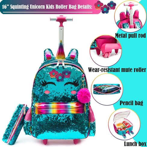 School Kids Rolling Backpack for Girls With Wheels Trolley Wheeled Backpacks for Girls Travel Bags 3PCS Panda Girls Backpack With Lunch Box and Pencil Case Kids Rolling Suitcase Silver Sequin Backpack in Kuwait