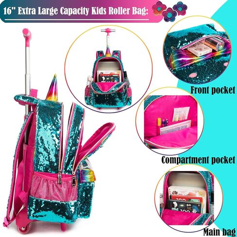 School Kids Rolling Backpack for Girls With Wheels Trolley Wheeled Backpacks for Girls Travel Bags 3PCS Panda Girls Backpack With Lunch Box and Pencil Case Kids Rolling Suitcase Silver Sequin Backpack in Kuwait