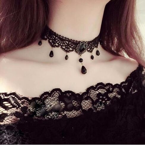 Aneneiceera Boho Black Pearl Lace Choker Necklace Black Teardrop Bead Pendant Necklace Choker Gothic Droplet Collar Necklace Retro Vintage Necklace Chain Jewelry Gifts for Women and Girls(Black E) in Kuwait