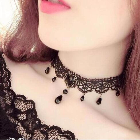Aneneiceera Boho Black Pearl Lace Choker Necklace Black Teardrop Bead Pendant Necklace Choker Gothic Droplet Collar Necklace Retro Vintage Necklace Chain Jewelry Gifts for Women and Girls(Black E) in Kuwait