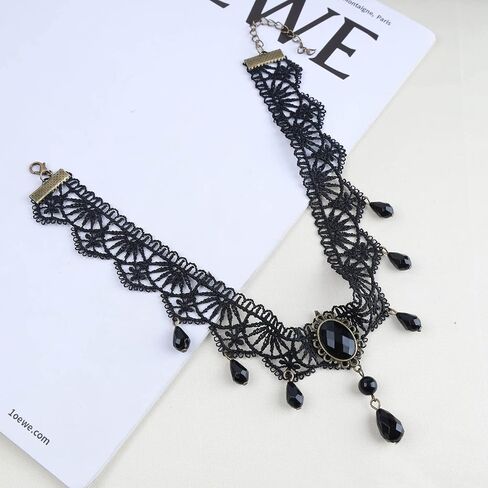 Aneneiceera Boho Black Pearl Lace Choker Necklace Black Teardrop Bead Pendant Necklace Choker Gothic Droplet Collar Necklace Retro Vintage Necklace Chain Jewelry Gifts for Women and Girls(Black E) in Kuwait
