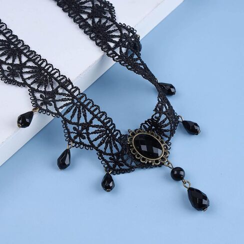 Aneneiceera Boho Black Pearl Lace Choker Necklace Black Teardrop Bead Pendant Necklace Choker Gothic Droplet Collar Necklace Retro Vintage Necklace Chain Jewelry Gifts for Women and Girls(Black E) in Kuwait