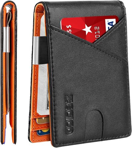 ZECICO Mens Slim Wallet Money Clip: Bifold Leanther Wallets RFID Blocking Front Pocket Wallets Credit Card Holder with ID Window Gifts for Men (Carbon Black/Orange) in Saudi Arabia