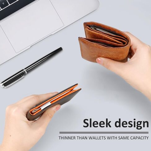 ZECICO Mens Slim Wallet Money Clip: Bifold Leanther Wallets RFID Blocking Front Pocket Wallets Credit Card Holder with ID Window Gifts for Men (Carbon Black/Orange) in Saudi Arabia