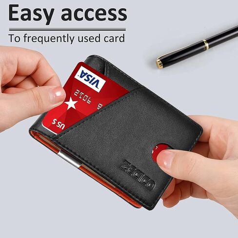 ZECICO Mens Slim Wallet Money Clip: Bifold Leanther Wallets RFID Blocking Front Pocket Wallets Credit Card Holder with ID Window Gifts for Men (Carbon Black/Orange) in Saudi Arabia