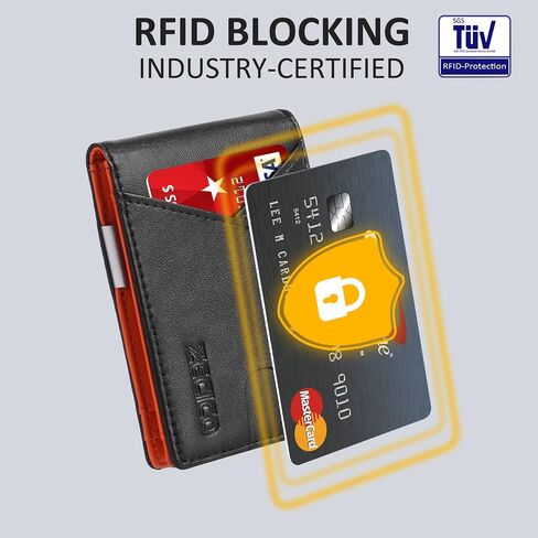 ZECICO Mens Slim Wallet Money Clip: Bifold Leanther Wallets RFID Blocking Front Pocket Wallets Credit Card Holder with ID Window Gifts for Men (Carbon Black/Orange) in Saudi Arabia