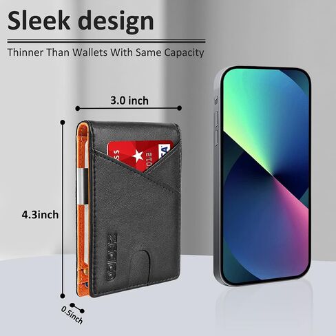 ZECICO Mens Slim Wallet Money Clip: Bifold Leanther Wallets RFID Blocking Front Pocket Wallets Credit Card Holder with ID Window Gifts for Men (Carbon Black/Orange) in Saudi Arabia