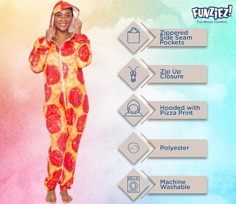 بذلة بيتزا بغطاء رأس من Silver Lilly - زي بيتزا بيبروني للبالغين - طباعة بأكمام طويلة وسحاب قطعة واحدة in Kuwait