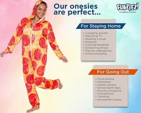 بذلة بيتزا بغطاء رأس من Silver Lilly - زي بيتزا بيبروني للبالغين - طباعة بأكمام طويلة وسحاب قطعة واحدة in Kuwait