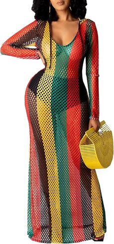 YouSexy Women's Sexy Swimsuit Maxi Dress Cover Up Long Sleeve Hollow Out Fishnet See Through Summer Beach Swimwear in Kuwait