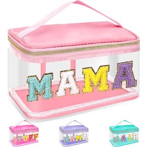 Chenille Letter Clear Makeup Bags Hair Pouch, Preppy Patch Makeup Bag Zipper with Handle, Transparent PVC & Nylon Waterproof Glitter Cosmetic Handbag Travel Toiletry Storage for Women Girl(HAIR-Green)