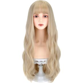 AICKER Long White Synthetic Hair Lolita Wig with Bangs - Alice Garden Wigs Natural Long Wavy Cosplay Wigs for Women Halloween Christmas 30"