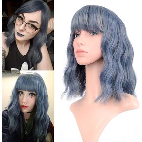 FAELBATY Mix Pink Wave Bob الباروكات مع الانفجارات الاصطناعية شعر مستعار تأثيري لفتاة طول الكتف شعر مستعار للنساء زي شعر مستعار لون الحلوى (12 "مختلط الأزرق الوردي) in Kuwait