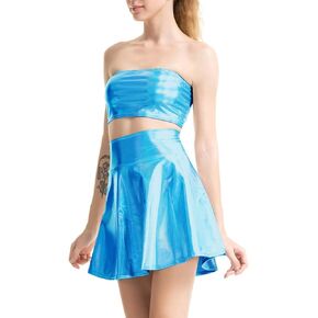 بلوزة نسائية من FlyCC لامعة بدون أكتاف معدنية + فستان قصير مكون من قطعتين in Kuwait