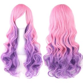 شعر مستعار مفرود بطول 27.6 سم، شعر مستعار طويل مجعد ومموج بألوان مختلطة للنساء والفتيات، شعر مستعار للحفلات التنكرية (أزرق، أرجواني) in Kuwait