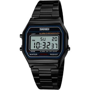 PASOY Men's Digital Gold Stainless Steel Watch Backlit Multifunction Stopwatch Waterproof Sport Watches