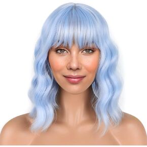 LANICE Blue Wig Short Bob Wigs with Bangs for Women Loose Wavy Hair Shoulder Length Blue Wig Synthetic Colorful Wigs for Cosplay Daily PartyUse(Blue,12inch) in Kuwait