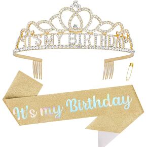 Birthday Crown for Women, AB Rhinestone Birthday Headband Birthday Sash It's My Birthday Crown, Birthday Girl Crown Birthday Tiara Birthday Decorations Birthday Gifts