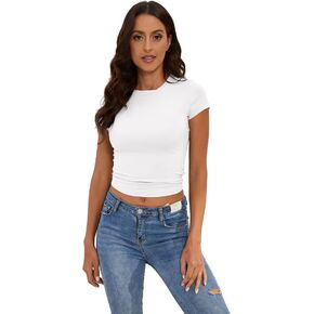 KAMISSY Women’s Workout Round Neck Crop Tee Shirt Casual Cap Sleeve Slim Fit Athletic Running Solid Basic Cropped T-Shirt Top
