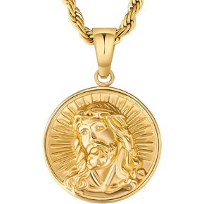 KRKC&CO Coin Pendant Medallion Necklace, Jesus/Cross Circle Gold Vintage Coin Necklace For Men, Him, Boyfriend, 2.5mm, 22in