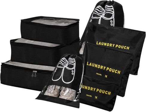 LANSKLBD 8 مجموعة مكعبات التعبئة لحقائب السفر ومنظمات تعبئة الأمتعة، منظم أمتعة أساسيات السفر لإكسسوارات السفر وحقيبة الأحذية وحقيبة الغسيل (أسود) in Kuwait