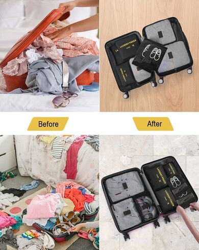 LANSKLBD 8 مجموعة مكعبات التعبئة لحقائب السفر ومنظمات تعبئة الأمتعة، منظم أمتعة أساسيات السفر لإكسسوارات السفر وحقيبة الأحذية وحقيبة الغسيل (أسود) in Kuwait