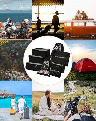 LANSKLBD 8 مجموعة مكعبات التعبئة لحقائب السفر ومنظمات تعبئة الأمتعة، منظم أمتعة أساسيات السفر لإكسسوارات السفر وحقيبة الأحذية وحقيبة الغسيل (أسود) in Kuwait