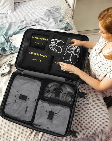 LANSKLBD 8 مجموعة مكعبات التعبئة لحقائب السفر ومنظمات تعبئة الأمتعة، منظم أمتعة أساسيات السفر لإكسسوارات السفر وحقيبة الأحذية وحقيبة الغسيل (أسود) in Kuwait