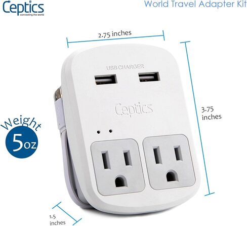 مشترك طاقة للسفر من سبتيكس - صغير وصغير الحجم - واقي من اندفاع التيار - USB + نوع C - 2 منفذ مدخل الولايات المتحدة الأمريكية - مقابس لأوروبا وآسيا والصين والولايات المتحدة الأمريكية وأمريكا الجنوبية in Kuwait