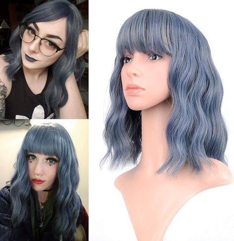 FAELBATY Mix Pink Wave Bob الباروكات مع الانفجارات الاصطناعية شعر مستعار تأثيري لفتاة طول الكتف شعر مستعار للنساء زي شعر مستعار لون الحلوى (12 "مختلط الأزرق الوردي) in Kuwait