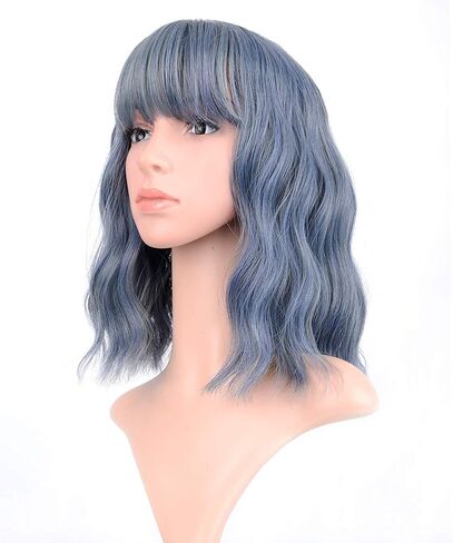 FAELBATY Mix Pink Wave Bob الباروكات مع الانفجارات الاصطناعية شعر مستعار تأثيري لفتاة طول الكتف شعر مستعار للنساء زي شعر مستعار لون الحلوى (12 "مختلط الأزرق الوردي) in Kuwait