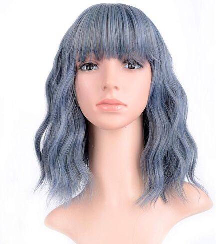 FAELBATY Mix Pink Wave Bob الباروكات مع الانفجارات الاصطناعية شعر مستعار تأثيري لفتاة طول الكتف شعر مستعار للنساء زي شعر مستعار لون الحلوى (12 "مختلط الأزرق الوردي) in Kuwait