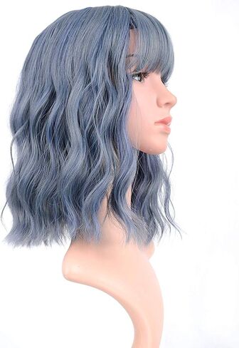 FAELBATY Mix Pink Wave Bob الباروكات مع الانفجارات الاصطناعية شعر مستعار تأثيري لفتاة طول الكتف شعر مستعار للنساء زي شعر مستعار لون الحلوى (12 "مختلط الأزرق الوردي) in Kuwait