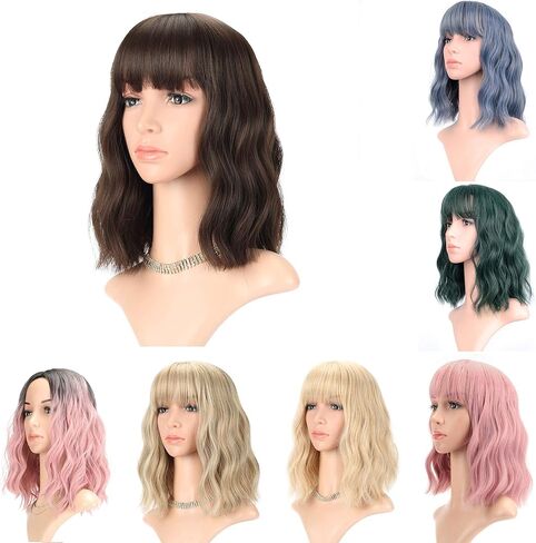 FAELBATY Mix Pink Wave Bob الباروكات مع الانفجارات الاصطناعية شعر مستعار تأثيري لفتاة طول الكتف شعر مستعار للنساء زي شعر مستعار لون الحلوى (12 "مختلط الأزرق الوردي) in Kuwait