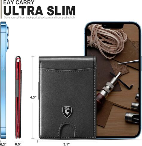 محفظة GSOIAX رفيعة للرجال مع مشبك نقود، محفظة رجالية من الجلد RFID ذات طيات صغيرة وجيب أمامي رفيع من ألياف الكربون، 11 فتحة لبطاقة الائتمان مع صندوق هدايا (قهوة) in Kuwait