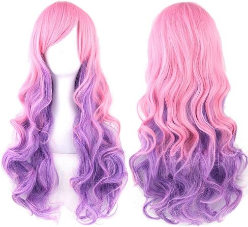 شعر مستعار مفرود بطول 27.6 سم، شعر مستعار طويل مجعد ومموج بألوان مختلطة للنساء والفتيات، شعر مستعار للحفلات التنكرية (أزرق، أرجواني) in Kuwait