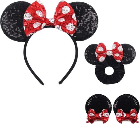 zhezesmila Beauty Mouse Ears Headband Classic Mouse Ears Clips & Belle Ears Mouse Ears Scrunchies Rose Bow for Women, Girls, Princess Dress Accessories, Party,Cosplay for Adults in Kuwait