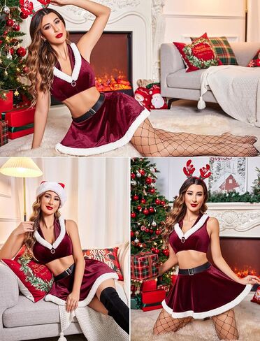 Avidlove عيد الميلاد الملابس الداخلية 2 قطعة المحاصيل أعلى تنورة صغيرة مجموعة سانتا بيبي دول الملابس الداخلية مجموعة ملابس عطلة النساء مع مقنعين in Saudi Arabia