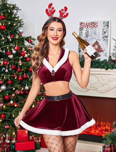 Avidlove عيد الميلاد الملابس الداخلية 2 قطعة المحاصيل أعلى تنورة صغيرة مجموعة سانتا بيبي دول الملابس الداخلية مجموعة ملابس عطلة النساء مع مقنعين in Saudi Arabia