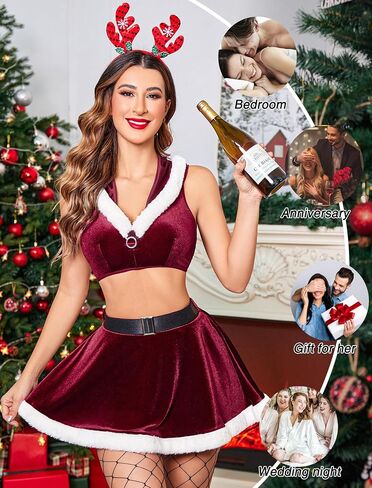 Avidlove عيد الميلاد الملابس الداخلية 2 قطعة المحاصيل أعلى تنورة صغيرة مجموعة سانتا بيبي دول الملابس الداخلية مجموعة ملابس عطلة النساء مع مقنعين in Saudi Arabia