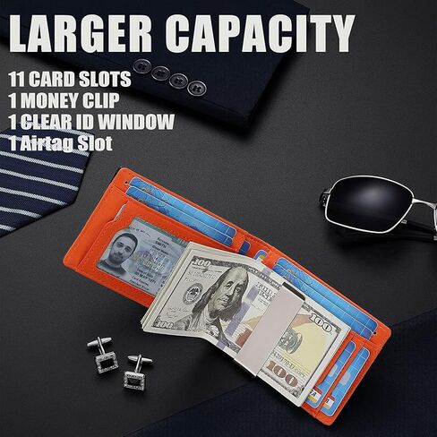 fannos Mens Wallet with Airtag Slot and Money Clip 11 cards Compatible, Slim Bifold Leather Credit Card Holder Rfid Blocking Minimalist Wallet(Black) in Kuwait