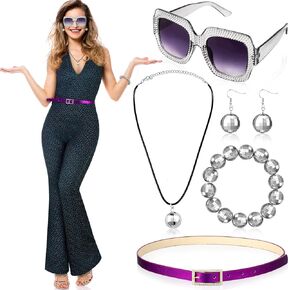 Toulite 7 Pcs 70s Disco Costume for Women Disco Jumpsuit Outfit Disco Accessories Disco Ball Earrings Necklace Bracelet Sunglasses in Kuwait