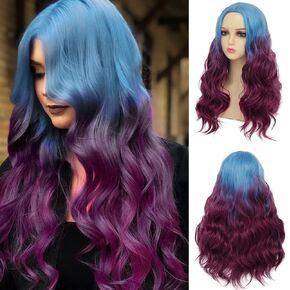 Dai Cloud Women Ombre Purple Curly Wig Long Wave Middle Part Synthetic Wig for Halloween Cosplay Wigs (Mixed Blue)