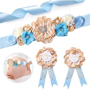 XINRUI Floral Maternity Sash Mom to Be&Daddy to Be Corsage Pin Set Blue Teddy Bear Baby Shower Sash Belly Belt Flower Pregnancy Photo Props Maternity Photography Gift(Blue)