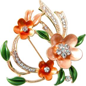 Navachi 18k Gold Plated Multicolor Enamel Flower Ornaments Green Leaves Crystal Brooch Pin