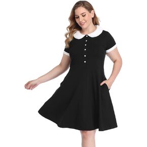 HDE Plus Size Peter Pan Collar Dress Fit and Flare Collared Casual Skater Dress